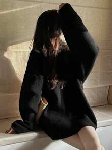 Women's Turtleneck Loose Solid Color Casual Sweater Black - Black - View 4
