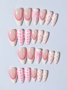 24片杏仁形蝴蝶结波点法式美甲贴片套装，包含1瓶甲油胶和1把指甲锉，非常适合情人节、法式美甲、日常工作和派对使用，是女性和女孩的美甲用品。 - 彩色 - 查看 3