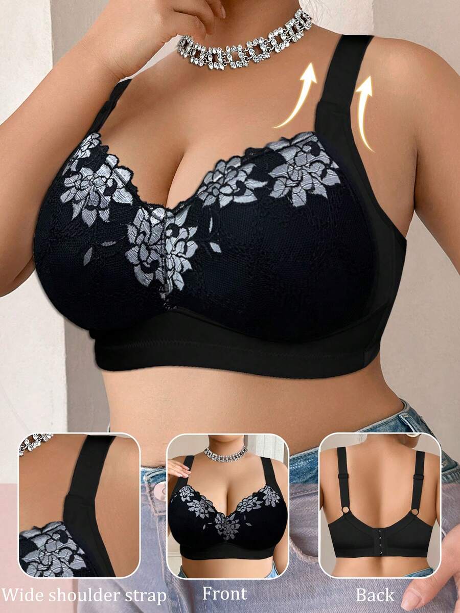 蕾丝拼接性感女士文胸，休闲舒适简约后背设计，加厚女士文胸，大码无钢圈文胸 - 黑色 - 查看 1