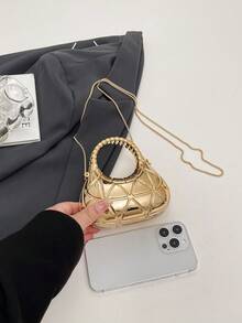 1pc Shiny Mini Bag, Fashion Glitter Ladies Handbag, Rhombus Pattern Evening Bag, Personalized Gold Women's Wallet, Earphone Mini Pouch, Can Hold Keys, Mini Bag, Ladies Bag, Cute Bag, With Detachable Strap Crossbody Chain Clutch - Gold - View 9