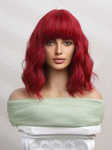 2026新款网红同款红色刘海合成假发，采用高温丝材质，搭扣网帽设计，休闲及角色扮演皆宜，耐热，时尚有型 - 紅色 - 查看 4