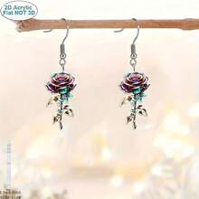 2D Flat, A Pair Of Charming Purple Rose Design Double-Sided Simulation Pattern Acrylic Earrings - A Lightweight And Battery-Free Ladies' Accessory With A Wide Range Of Choices. Perfect Holiday Party Gifts For Christmas, Valentine's Day And Thanksgiving. Fun Accessories. Smooth Surface, Unique 2D Flat Earrings - Multicolor - View 2