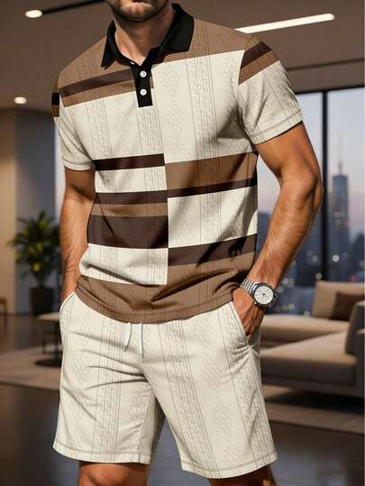 Men's Casual Business Minimalist Short Sleeve Polo Shirt And Shorts Set, Spring/Summer