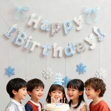 儿童女孩蓝色雪花蝴蝶结公主生日派对拉旗，背景墙装饰横幅 - 彩色 - 查看 2