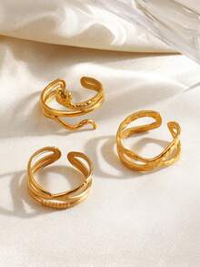 3pcs/Set Stainless Steel 18K Gold Plated Snake Line Design Rings Set, Suitable For Women's Daily Wear