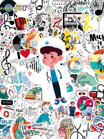 50/100PCS Doctor And Musical Notation Graffiti Vinyl Stickers, Suitable For Scrapbooks, Diaries, Laptops, Car Bumpers, Skateboards, Water Bottles, Computers