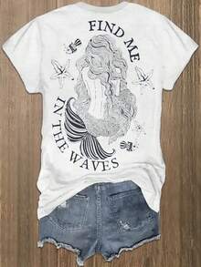 Women's Heavyweight 220gsm Cotton T-Shirt - Front Graphic Tee With "Find Me Where The Waves" Phrase - Soft Everyday Casual Shirt For Beach Outfits & Lounge Wear - Machine Washable Round Neck Top, Beach T Shirt, Artistic Mermaid Print, Breathable Fabric - 白色 - 查看 9