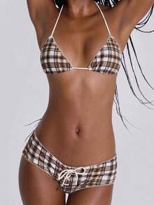 Women's Plaid Bikini Set Cute Swimwear For Summer Beaches Strappy Triangle Bottom Swimsuit Cruise Travel Halter Neck Slimming Swimwear - Cà phê nâu - Xem 3