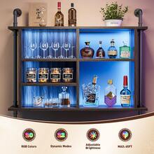 LED 4-Tier Industrial Pipe Floating Shelf 8 S-Hooks Wall Shelves For Kitchen Living Room Storage Cabinet - Dark Grey - View 4