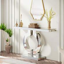 LITTLE TREE 43" Modern Mirrored Console Table, Glass Mirror Finish Entryway Table, O-Shaped Base Rectangular Accent Table For Living Room Hallway Foyer - Silver - View 9