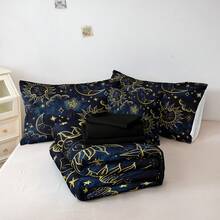 Queen Blue Galaxy Comforter Set Bed In A Bag - 8PC Gold Moon & Stars Bohemian Universe Bedding - 藍色1 - 查看 7