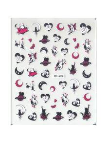 1张梦幻卡通美甲贴纸，包含可爱猫咪、蝴蝶、爱心、神秘星球、月亮、星星等图案，卡通主题，亮面，不对称形状，适合女性DIY或美甲沙龙使用。 - 彩色 - 查看 6