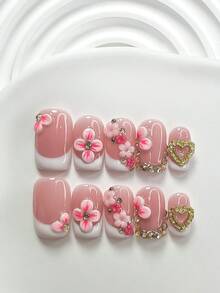 10件套极简美甲套装，手工花朵美甲装饰，金属爱心美甲配件，白色凝胶甲片，法式按压甲片，闪亮香槟钻石甲片，三种形状：杏仁形、方形、棺材形，包含工具包，适合女性和女孩，情人节、派对、日常美甲护理用品，手工按压甲片 - 彩色 - 查看 16