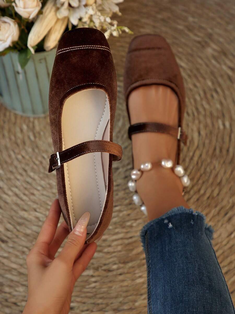 New Spring/Autumn Women's French Style Flat Mary Jane Shoes, Strap Patchwork Design, Versatile - Coffee Brown - View 1
