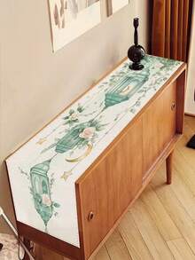 1件斋月桌旗，适用于婚礼和特殊场合 - 优雅的绿色灯笼图案，饰以星星和新月，以及柔和的粉色玫瑰 - 伊斯兰餐桌装饰，斋月佳节必备 - 薄荷藍 - 查看 5