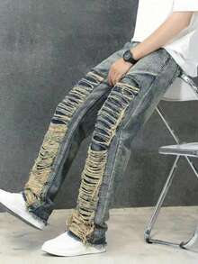 Celana Jeans Kasual Pinggang Elastis dengan Saku dan Ujung Berumbai untuk Anak Laki-Laki Remaja, Cocok untuk Semua Musim - MultiWarna - View 1