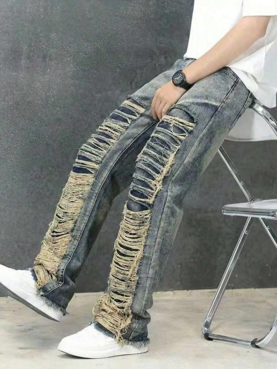 Celana Jeans Kasual Pinggang Elastis dengan Saku dan Ujung Berumbai untuk Anak Laki-Laki Remaja, Cocok untuk Semua Musim - MultiWarna - View 1