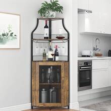 Gabinete de Vinos de Esquina de 5 Niveles Estilo Industrial, con Soporte para Copas de Vino y Estantes Ajustables, Gabinete de Almacenamiento de Licores con Puerta de Rejilla y Deflector, Bar de Hogar, Color Marrón - Marrón - Ver 6