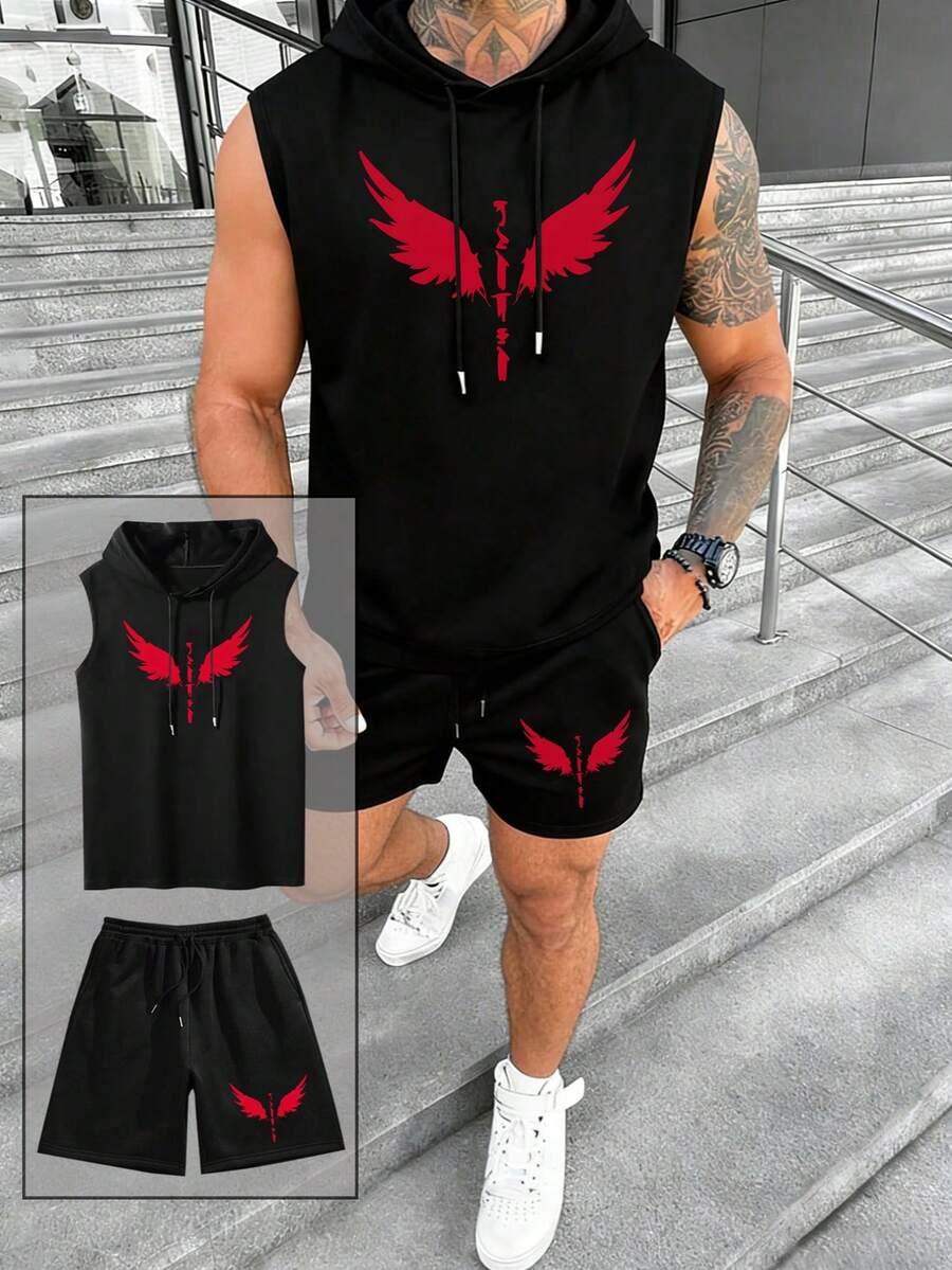 男士休闲百搭翅膀印花连帽背心短裤套装（2件套），春夏款 - 黑色 - 查看 1