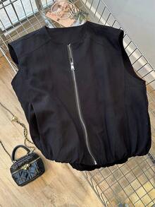 Giacca estiva casual in stile coreano da donna Vera Lane, bianca, in tessuto ad alta elasticità e traspirante, senza maniche, adatta per spiaggia, vacanza, festa, palestra, attività all'aperto, elegante e sportiva - nero - Visualizzare 3