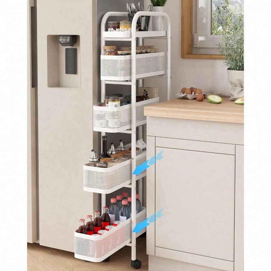 UMDONX Carrito de almacenamiento delgado de 5 niveles con cesta extraíble organizador de baño carrito rodante organizador deslizante para cocina baño lavandería color blanco - Blanco - Ver 1