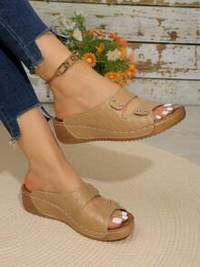 女士平底厚底坡跟凉鞋，时尚设计，休闲穿着的理想之选，夏季必备礼物，百搭鞋履 - 杏色 - 查看 3