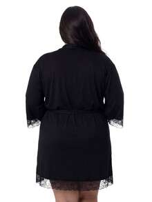 Women's Plus Size Robe In Romantic With Lace Detail And Satin Bow Luxury Comfortable Black - Black - View 2