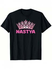 Cute Pink Nastya Tiara Social Media Video Princess Women's Summer Casual-Shirt, Soft And Comfortable Slightly Stretching, Street Hop Cute Style,% Casual Short Sleeve Tee, All-Season Wear Individuality Top 220g - 黑色 - 查看 2