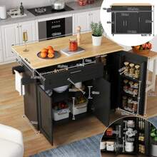 L132.5*W44 (70)*H90cm Large Mobile Kitchen Table, With Folding Top, Oak Pattern, Multifunctional Cabinet, Spice Rack, Towel Rack, Five Wheels, Ideal For Kitchen/Dining Room/Home.
