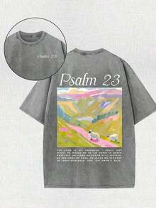 2026 New Arrival Summer Unisex "Psalm 23" Landscape Graphic T-Shirt, Vintage Washed Pink Crew Neck Short Sleeve Tee, Double-Sided Bible Verse Print Oversized Top For Christian Faith & Casual Outfits,Camiseta De Calle Para Mujer - 灰色 - 查看 1