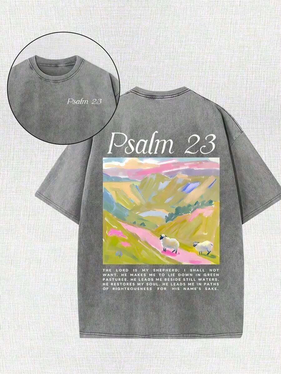 2026 New Arrival Summer Unisex "Psalm 23" Landscape Graphic T-Shirt, Vintage Washed Pink Crew Neck Short Sleeve Tee, Double-Sided Bible Verse Print Oversized Top For Christian Faith & Casual Outfits,Camiseta De Calle Para Mujer - 灰色 - 查看 1