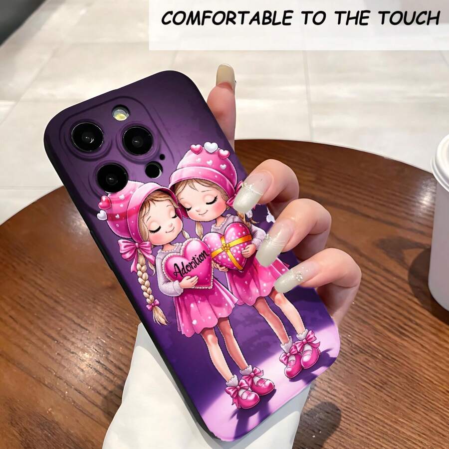 1PC Phone Case , Cute Girls Holding Hearts , Stylish Phone Case, Phone Decoration, All-around Lens Protection, Creative Small Gift, Funny Gift for Boys and Girls - Negro - Ver 1