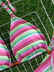Bộ bikini buộc dây cổ yếm phối màu tươi tắn, kiểu dáng châu Âu và Mỹ dành cho nữ, gồm áo và quần tam giác, thích hợp cho kỳ nghỉ hè trên bãi biển. - màu xanh lá - Xem 7