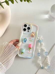 1pc Cream Patterned Painted Accessory With Attached Chain And Wavy Edge Cartoon Phone Case Compatible With IPhone 14, 14 Pro, 14 Pro Max, 13, 13 Pro, 13 Pro Max, 11, 11 Pro Max, 12, 12 Pro, 12 Pro Max, XR, XS, 15, 15 Pro, 15 Pro Max, 16, 16 Pro, 16 Pro Max, 17, 17 Pro, 17 Air, 17 Pro Max, Galaxy S24, A04, A12, A13, A14, A23, A24, A32, A33, A51, A52, A53, A54, A72, And Redmi Series Redmi 9, Redmi 9A, Shock-Proof Phone Protective Case - Multicolor - View 6
