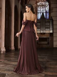 Elegant Diamond Decorated Formal Dress, Women's Sleeveless Backless Pleated Solid Color Gown For Charity Ball, Banquet, Birthday Party - Chocolate Brown - View 3