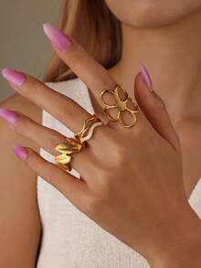 GEREIT Bộ 3 chiếc nhẫn bằng thép không gỉ 18K thiết kế hoa, lá, sóng, thích hợp cho nữ đeo hàng ngày, quà tặng Ngày của Mẹ. - Vàng - Xem 5