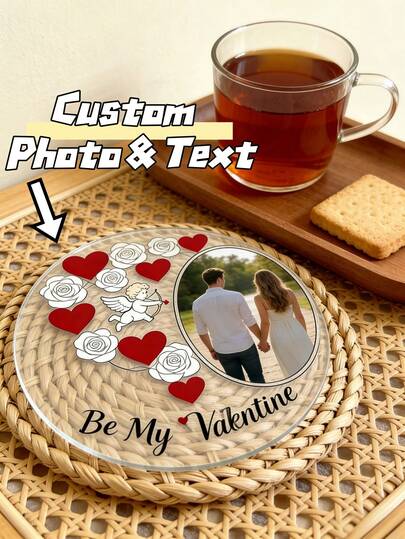 1 pieza Posavasos personalizado para el Día de San Valentín, personalizado con fotos y texto, elementos de corazón y Cupido, diseño con tema de retrato de pareja, práctico, único y dulce, adecuado como regalo elegante para ella/recuerdo de aniversario de boda/regalo para la pareja, ideal para parejas/recién casados/amantes, perfecto para celebraciones del Día de San Valentín