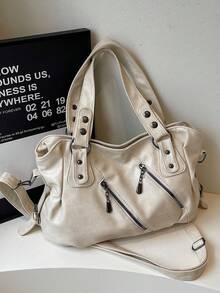 Retro Minimalist Large Capacity Fashion Student/Work Commute Tote Bag - Beige - View 6