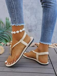 New Spring/Summer Fashion Women Strap Slippers, Stylish Casual Roman Style Slip-On Sandals In Black, Beige, Brown, Solid Color Woven Comfortable Beach Sandals, Blogger Recommended Thick-Sole Sandals, Summer Beach Shoes, Elegant Buckle Low-Heel Round Toe Slides, Odor-Resistant Anti-Slip Cotton Fabric Beaded Decor Simple Outdoor Slippers, Versatile Flat Slip-On Women Flat Sandals - White - View 6