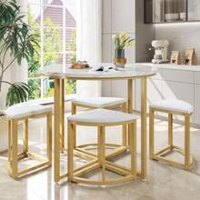 Dining Table Set, Four Chairs, Tableware, MDF Table With Gold Iron Frame, Velvet Chairs, Modern Luxury Table And Chair Set, White - White - View 8