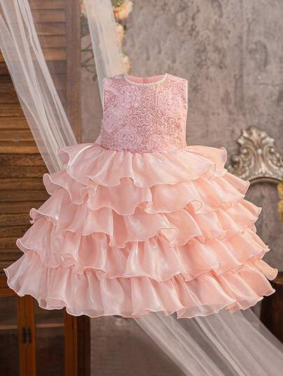 女童仿珍珠亮片花朵欧根纱优雅多层蛋糕公主裙，适合毕业典礼、舞会、生日派对、正式场合，不含头饰