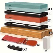 四合一磨刀石套装，400/1000/3000/8000目，专业级，带防滑竹底座、皮带、平面磨刀石和角度导轨 - 彩色 - 查看 6