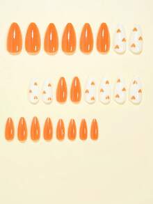 24片杏仁形美甲贴纸，简约浪漫，橙色爱心图案，全覆盖设计，为女性和女孩增添一丝浪漫气息。包含1张贴纸和1支迷你美甲胶水，适合日常办公佩戴。果冻美甲胶水随机发货。美甲用品 - 彩色 - 查看 2