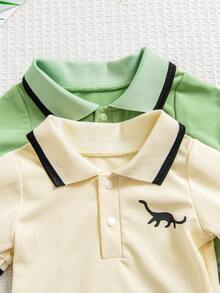4件套男婴夏季恐龙印花Polo领连体衣、短袖和短裤套装 - 綠色 - 查看 3