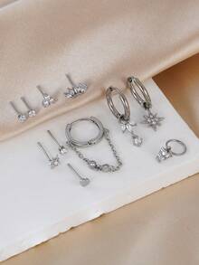 11pcs Sparkling Cubic Zirconia Multi-Layer Cartilage Earring Set With Star & Heart Pendants, Attractive Party Accessories For Women - Silver - View 3