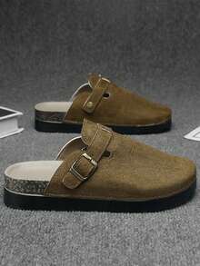 2双装男士厚底耐磨一脚蹬凉鞋，夏季户外可调节绑带舒适拖鞋，时尚男女情侣款勃肯鞋 - 棕色 - 查看 2