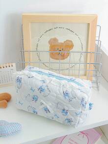 Carino borsa cosmetici imbottita in schiuma con motivo a griglia e a strisce, borse per il trucco con decorazioni in pizzo e fiocco, borsa per cosmetici con motivo a cartoni animati, borsa per cosmetici di grande capacità con cerniera, borsa per cosmetici a forma di cuore, borsa da toilette portatile, borsa da toilette a quadri - Multicolore - Visualizzare 7