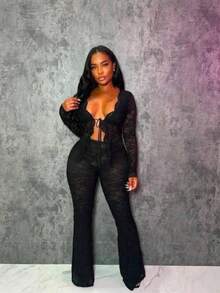 Women's Sexy White Lace Two-Piece Outfit With Deep V Neck Long Sleeve Top And Long Pants Semi-Sheer Knot Details Trajes Elegantes De Mujer Night Out Outfit Summer Vacation Outfits - 黑色 - 查看 4