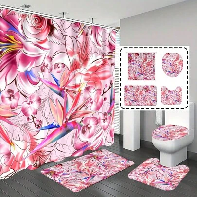 1件/4件套彩色花卉图案浴室浴帘套装，浴室装饰，浴垫，浴室礼品，主题装饰，浴室套装，配有12个挂钩