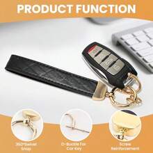 Wristlet Keychain Leather Keychain Universal Car Key Holder With 360-Degree Swivel 2 Key Rings Anti-Lost D-Ring - 金色7英吋 - 查看 3